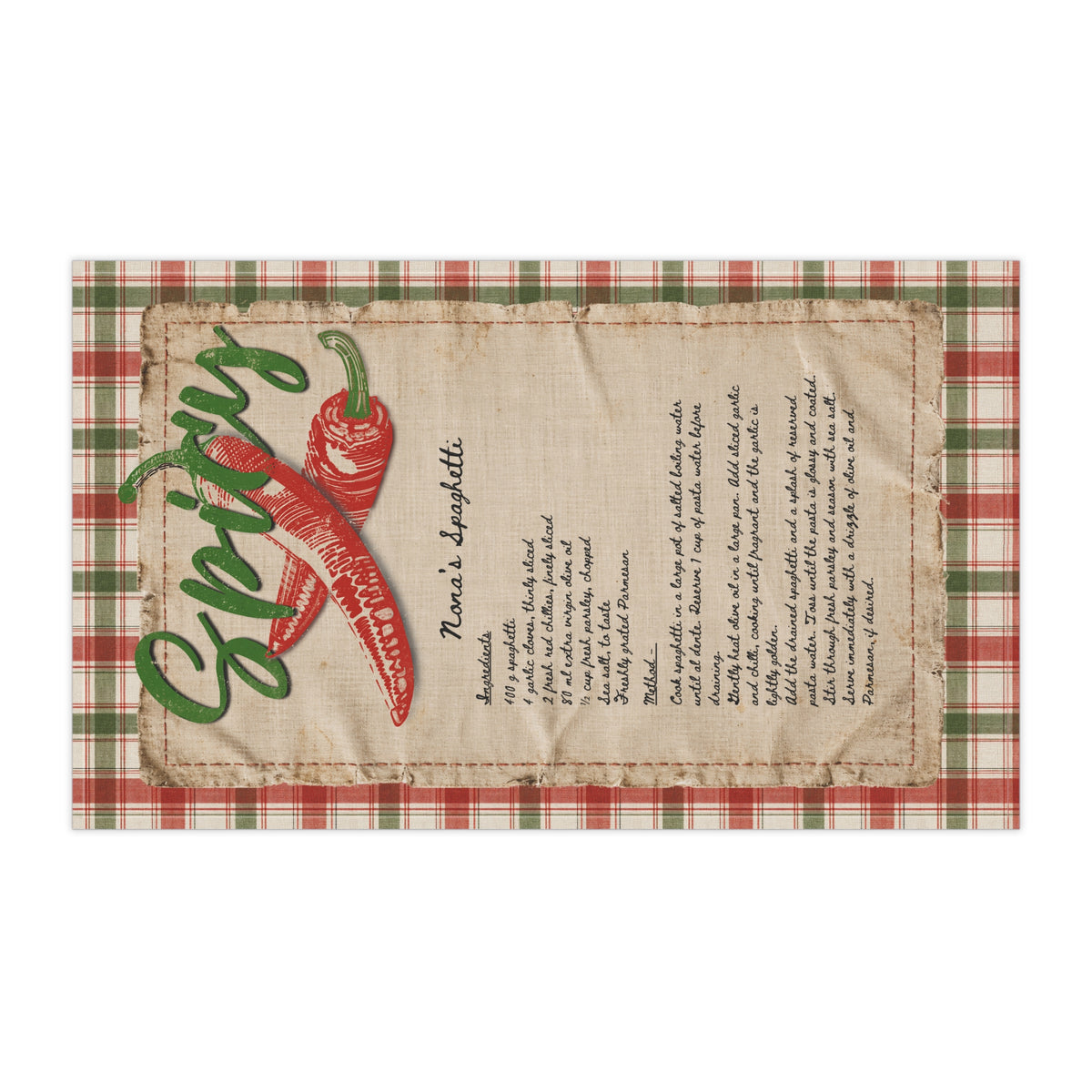 Spicy Chilli Kitchen Tea Towel — Printed Recipe Plaid Cotton