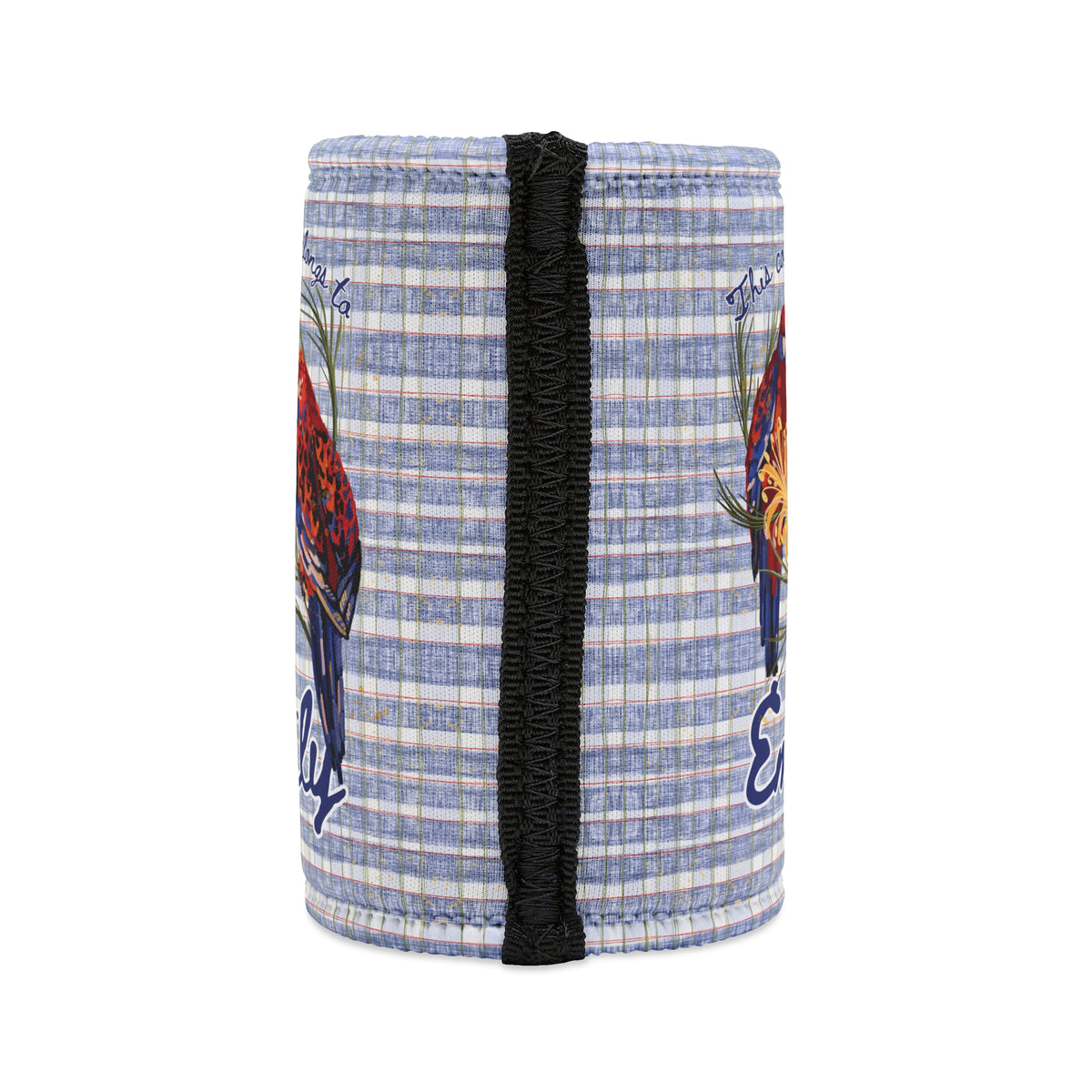 Personalized Stubby Cooler – Blue Striped Parrot Can Cooler with Name (Emily)