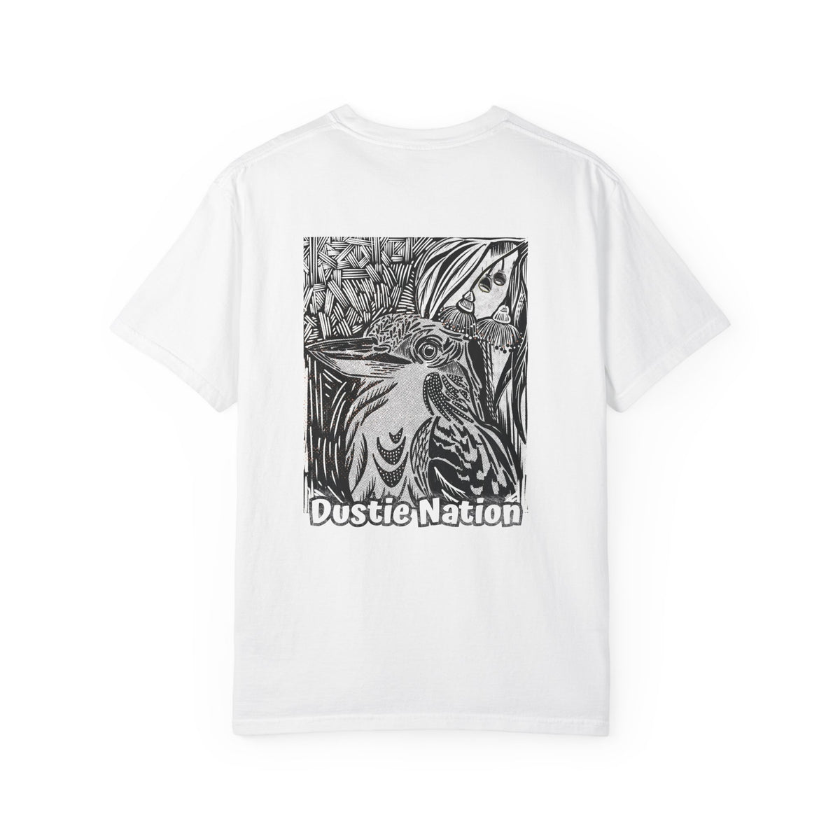 Black and white sketched design of an Australian kookaburra on a oversized t shirt available in black or white