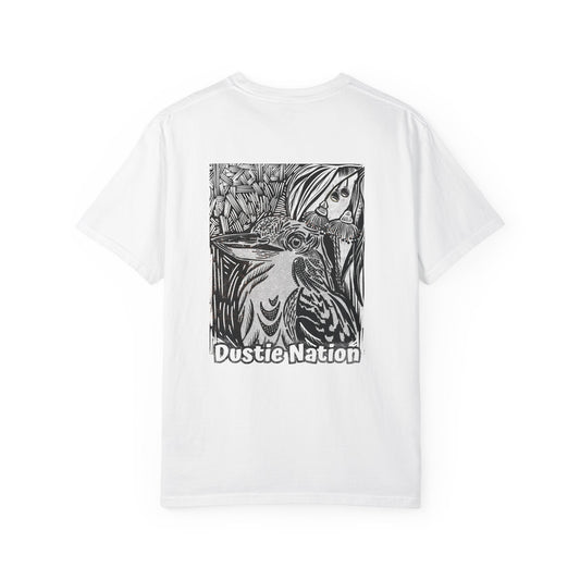 Black and white sketched design of an Australian kookaburra on a oversized t shirt available in black or white