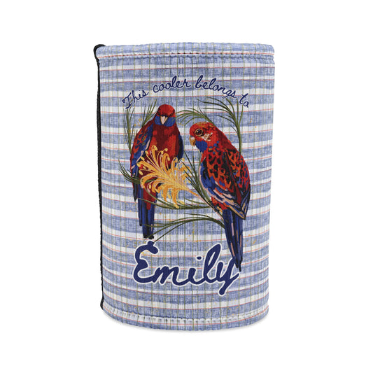 A personalized cooler bag featuring a blue and white plaid fabric body with a printed design of two australian crimson roeslla parrots. The text reads 'This cooler belongs to custom name 'Emily' in blue script below.