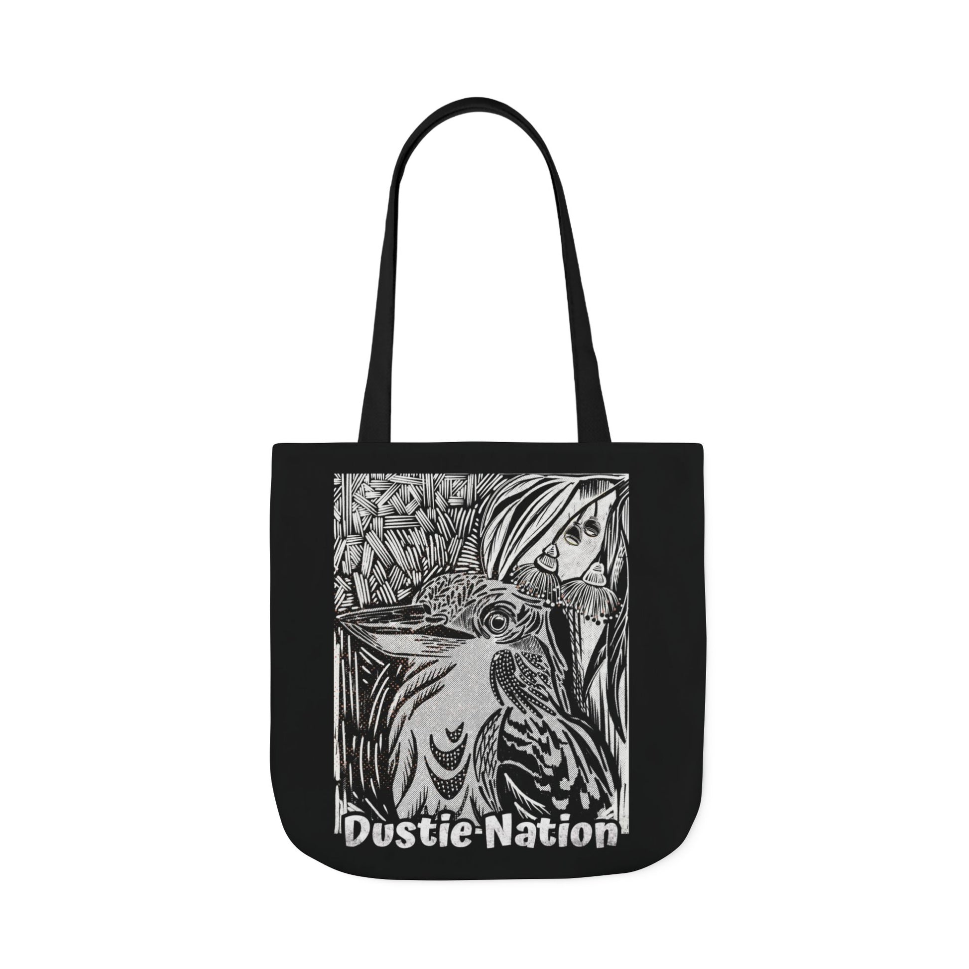 Black durable tote bag with hand drawn kookaburra design and black handle