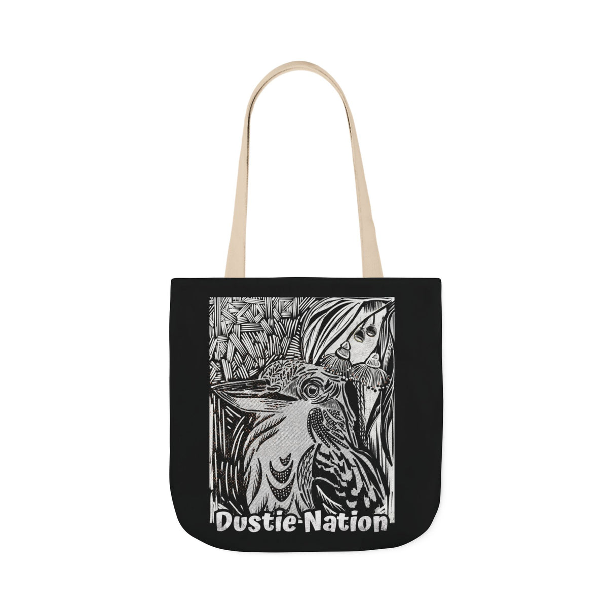 Black durable tote bag with hand drawn kookaburra design and pink handle