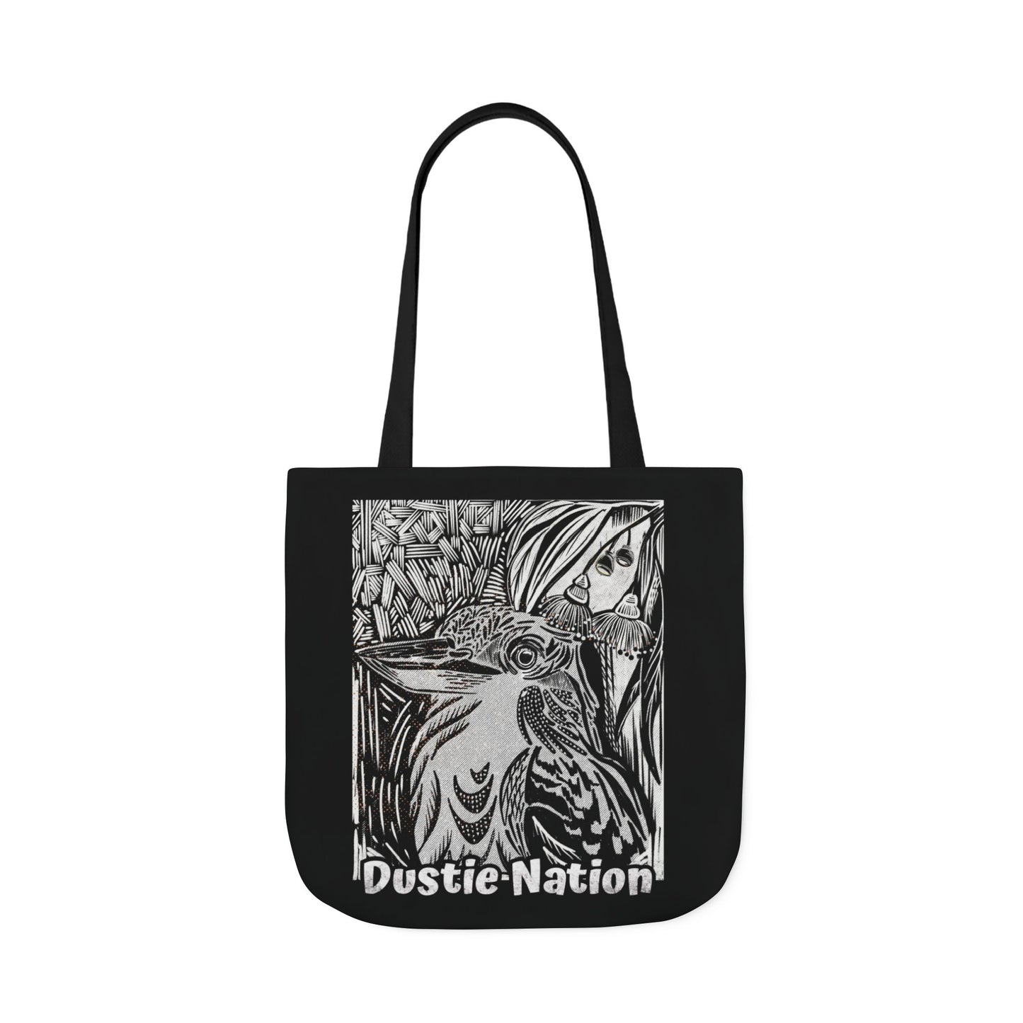 Black durable tote bag with hand drawn kookaburra design and black handle