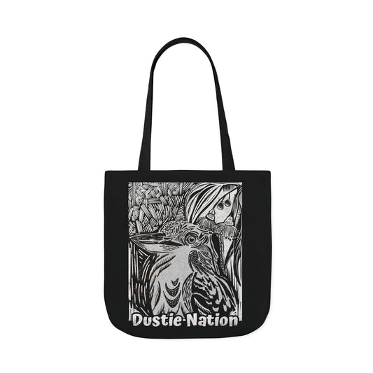 Black durable tote bag with hand drawn kookaburra design and black handle