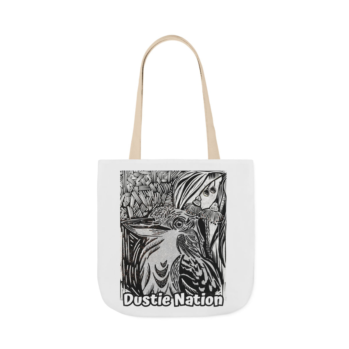 Durable tote bag with custom artwork of a Kookaburra on a white tote bag with pink handle