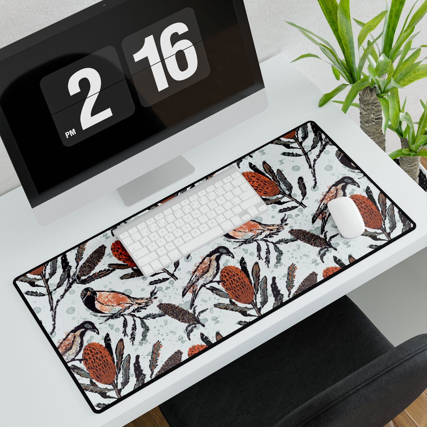 Hand drawn artwork of honey eating birds on large mouse desk pad