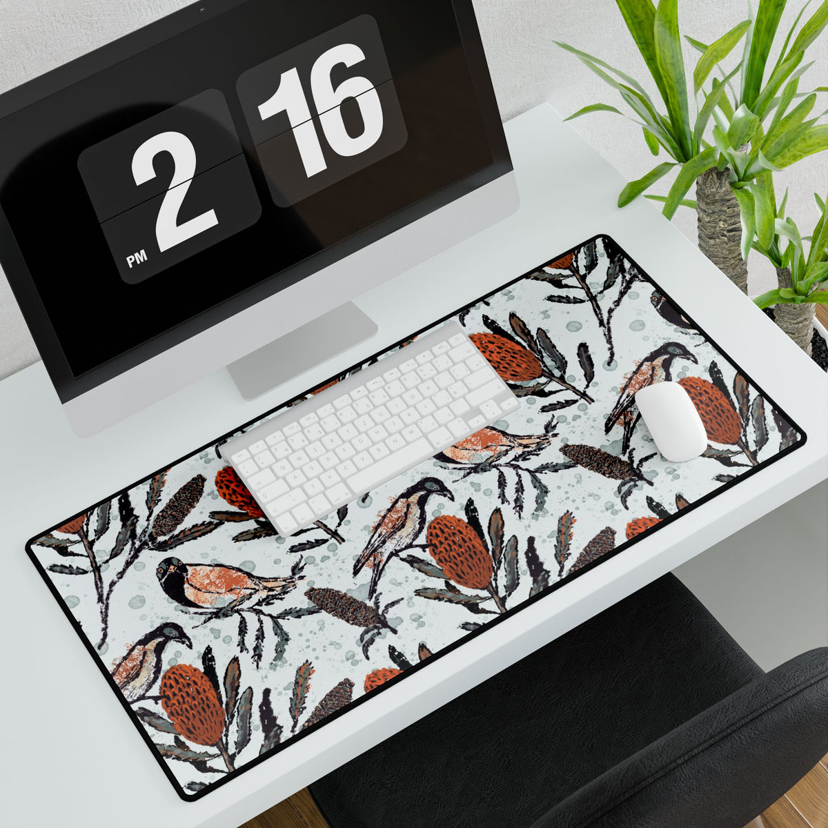 Hand drawn artwork of honey eating birds on large mouse desk pad