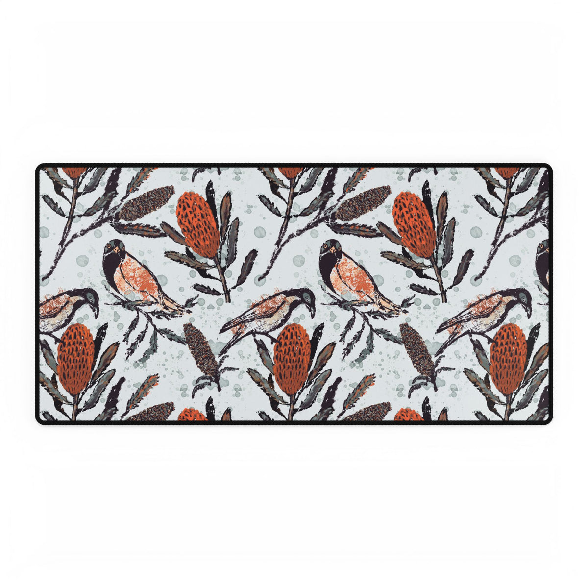 Hand drawn artwork of honey eating birds on large mouse desk pad