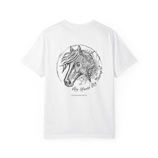 White t shirt with horse and Australian native flower with quote My Horse My Therapist