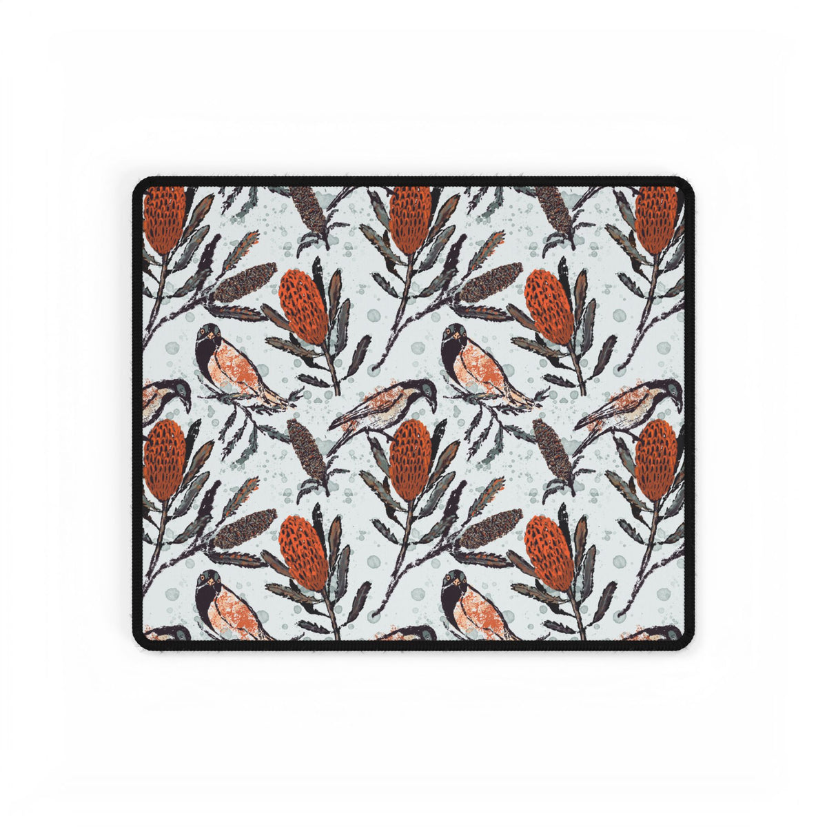 Hand drawn artwork of honey eating birds on large mouse desk pad