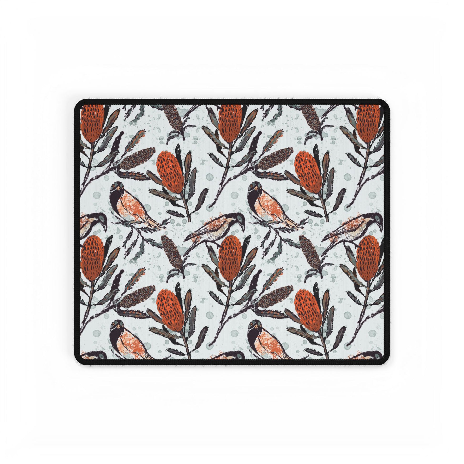 Hand drawn artwork of honey eating birds on large mouse desk pad
