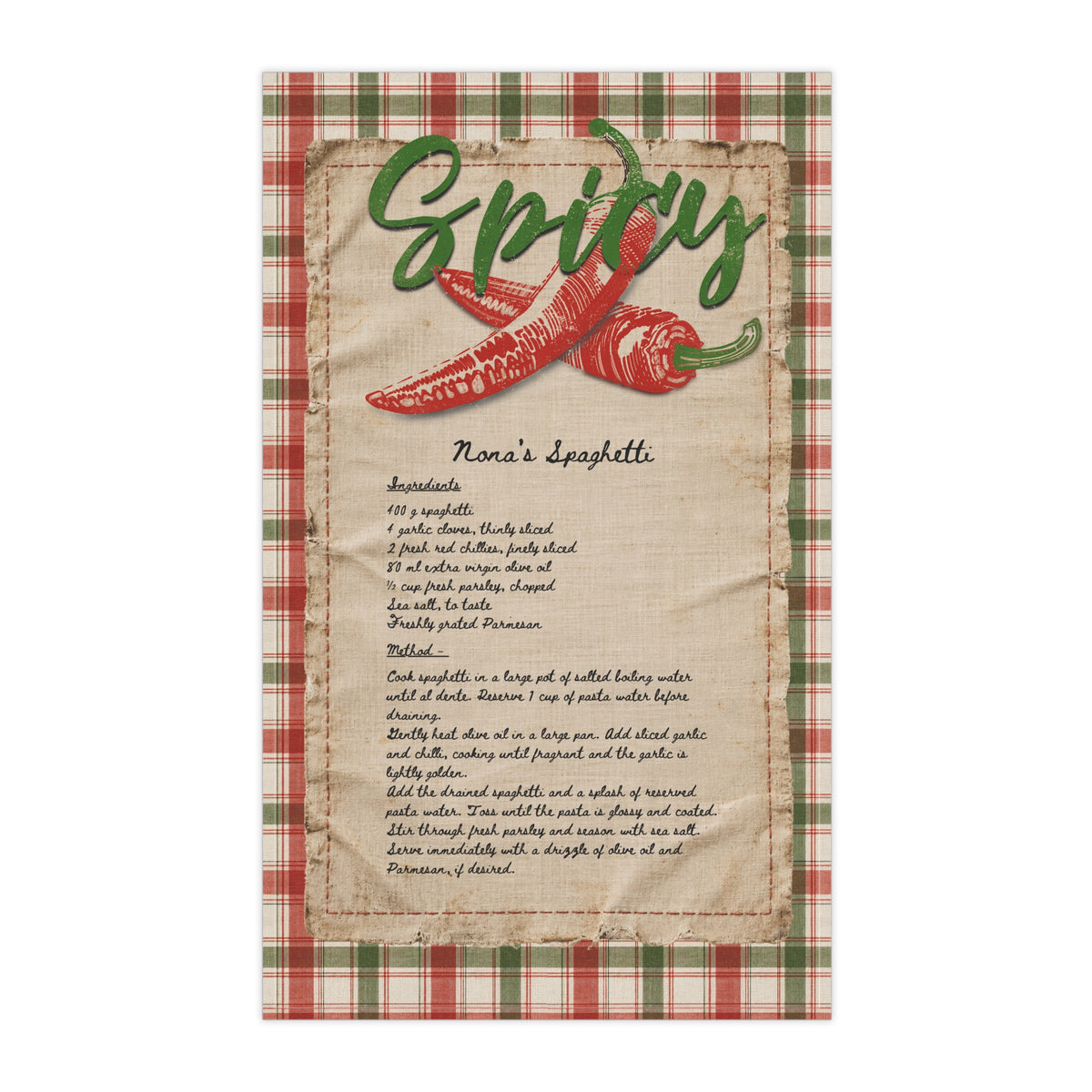 Spicy Chilli Kitchen Tea Towel — Printed Recipe Plaid Cotton
