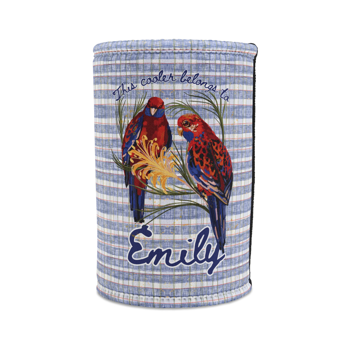 Personalized Stubby Cooler – Blue Striped Parrot Can Cooler with Name (Emily)