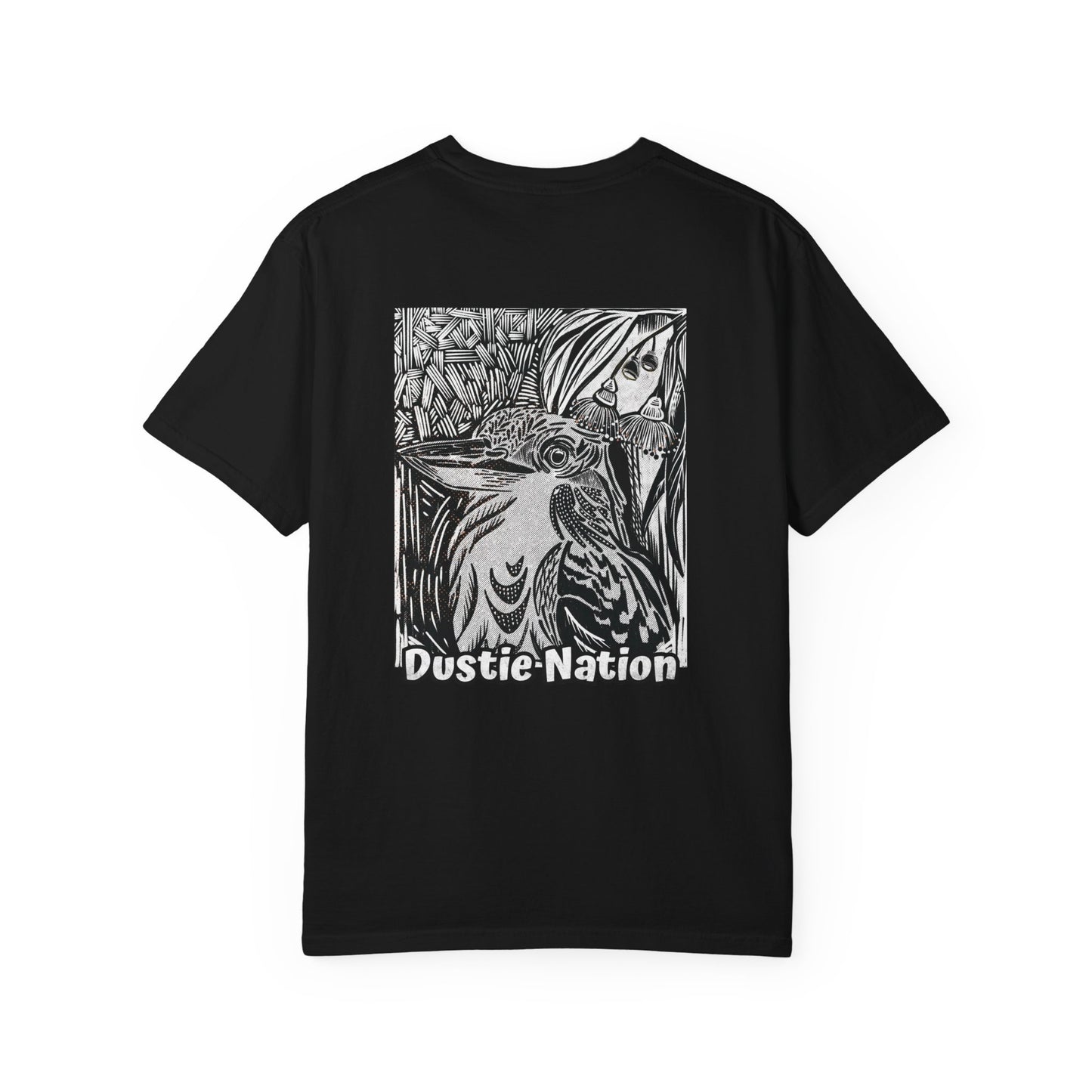 Black and white sketched design of an Australian kookaburra on a oversized t shirt available in black or white