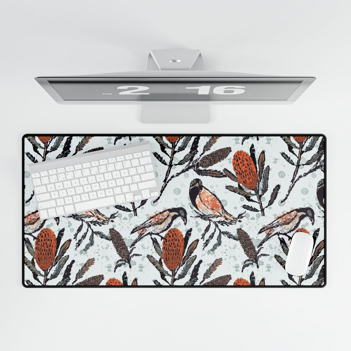 Hand drawn artwork of honey eating birds on large mouse desk pad