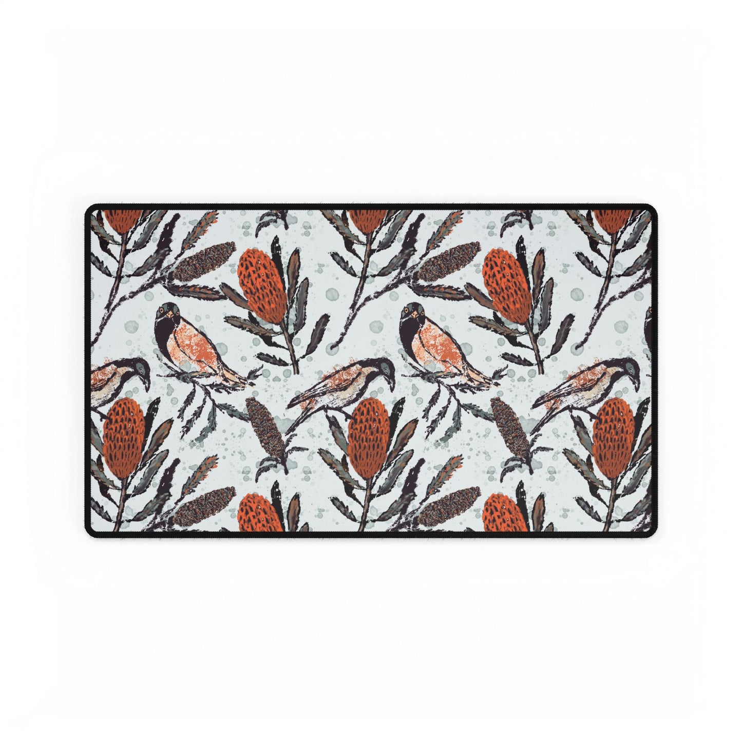 Hand drawn artwork of honey eating birds on large mouse desk pad