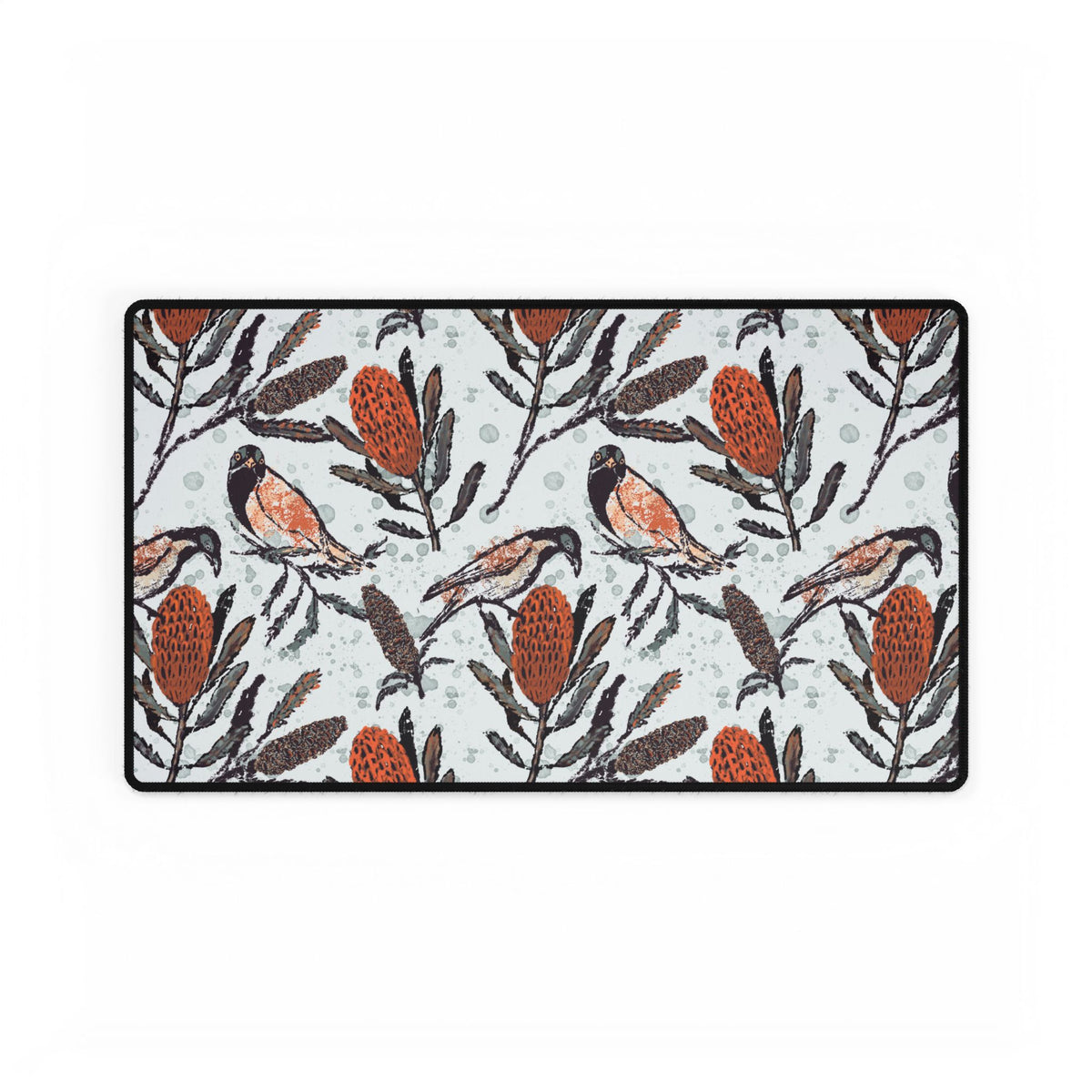 Hand drawn artwork of honey eating birds on large mouse desk pad