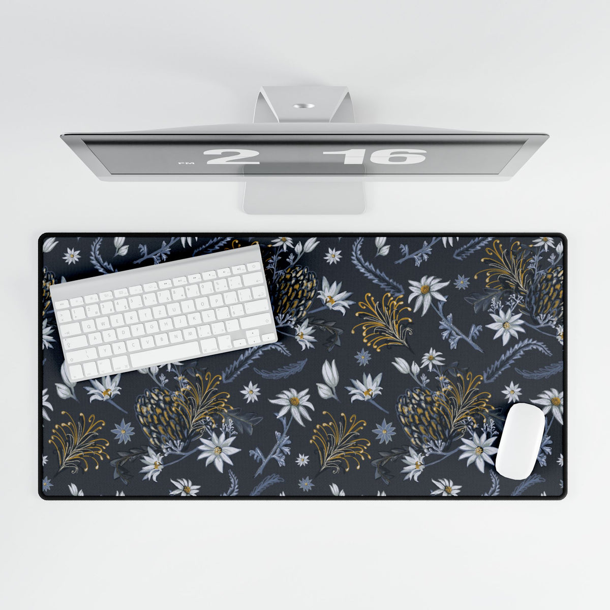 Banksia Blue Desk Mat — Navy Blue Botanical Mouse Pad for Home Decor or Office