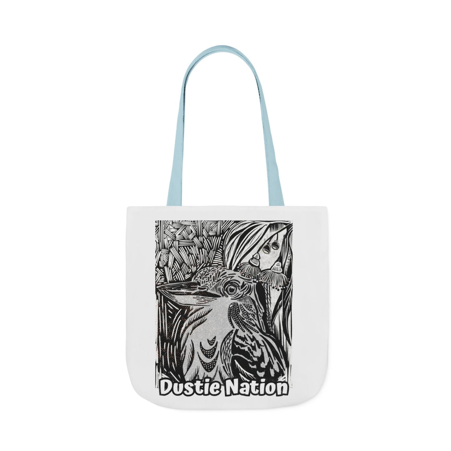 Durable tote bag with custom artwork of a Kookaburra on a white tote bag with blue handle