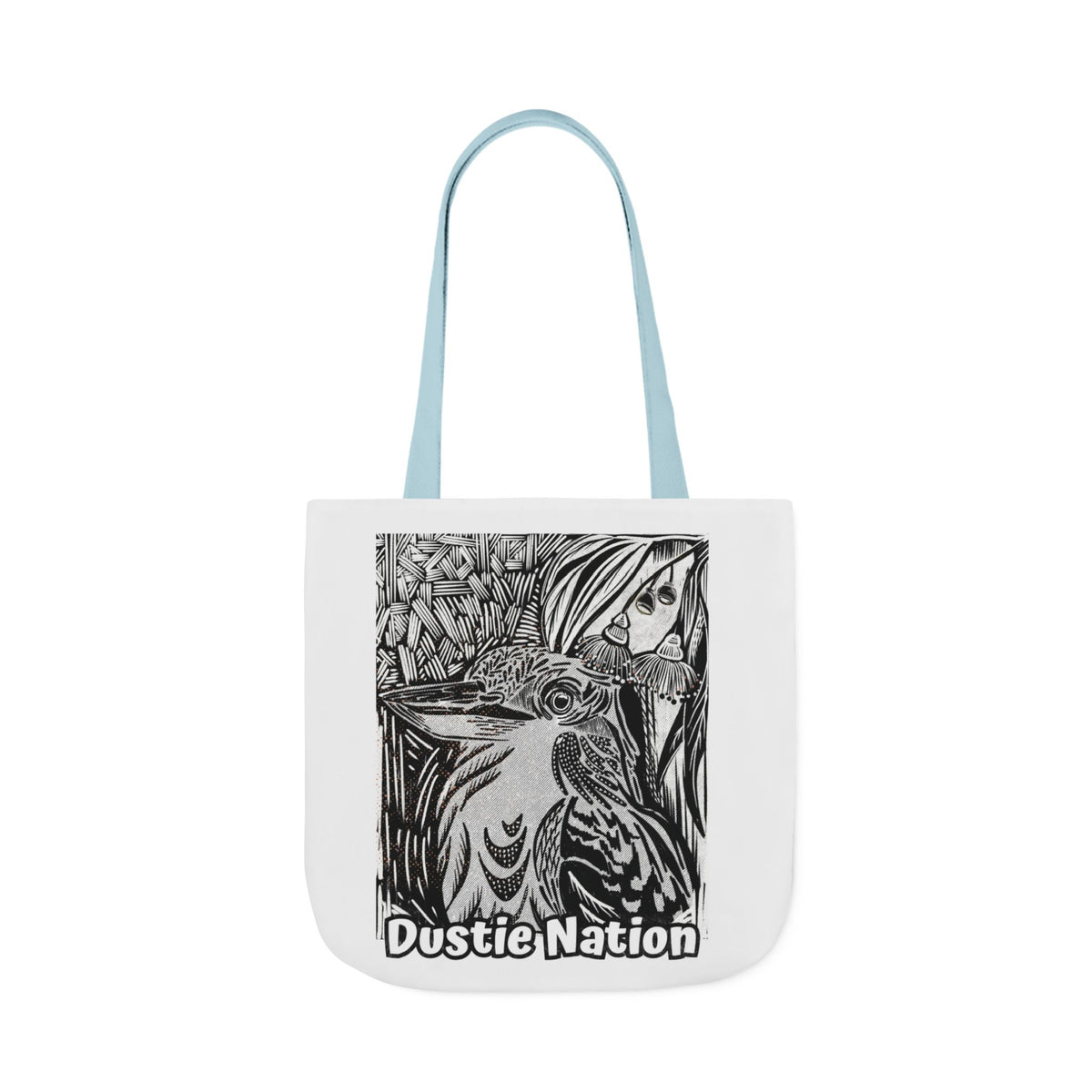 Durable tote bag with custom artwork of a Kookaburra on a white tote bag with blue handle