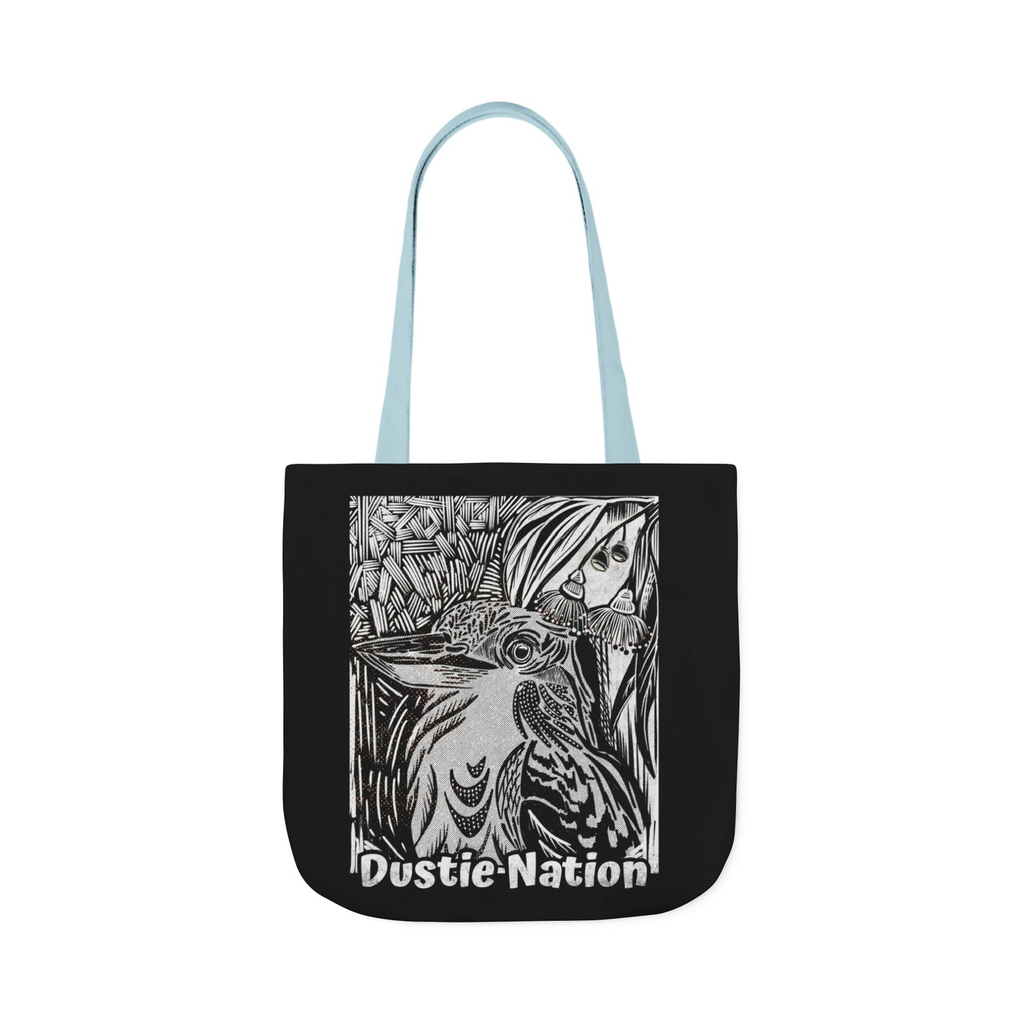 Black durable tote bag with hand drawn kookaburra design and black handle