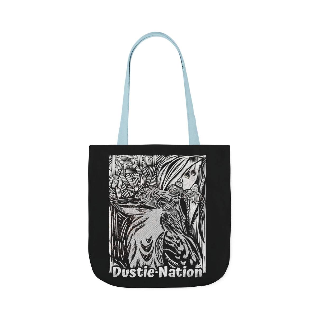 Black durable tote bag with hand drawn kookaburra design and black handle