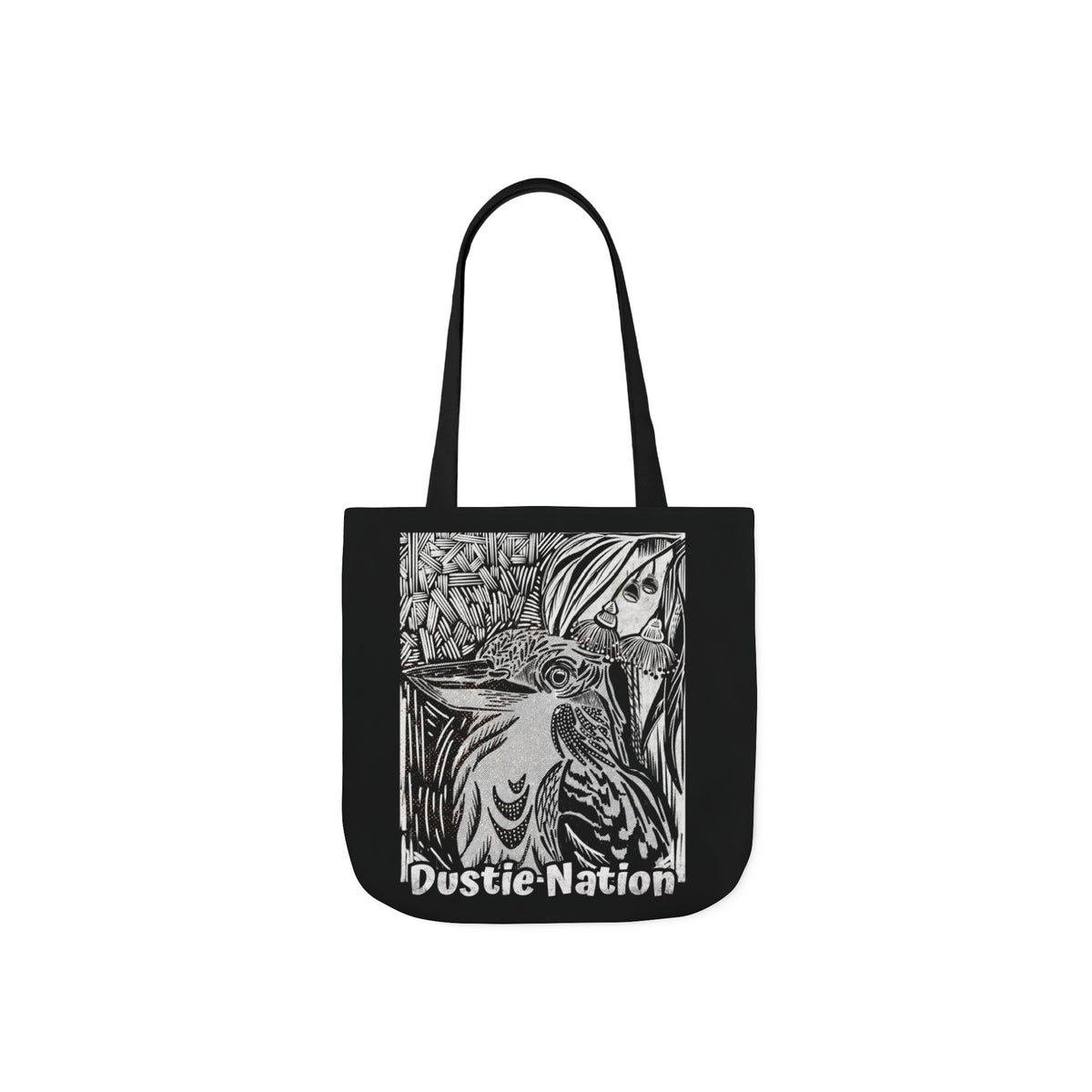 Black durable tote bag with hand drawn kookaburra design and black handle