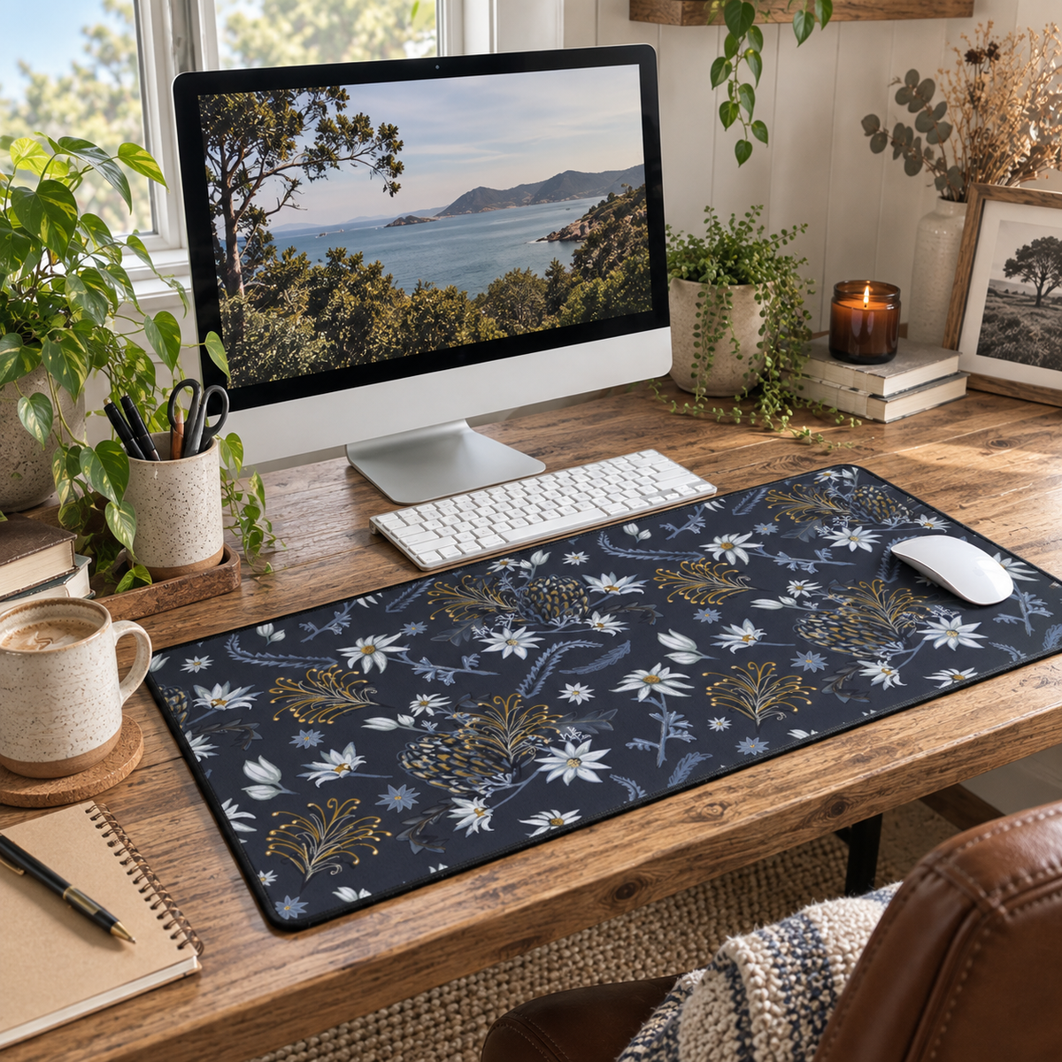 Banksia Blue Desk Mat — Navy Blue Botanical Mouse Pad for Home Decor or Office