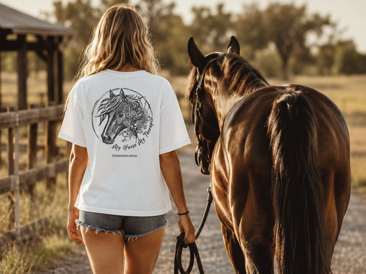White t shirt with horse and Australian native flower with quote My Horse My Therapist