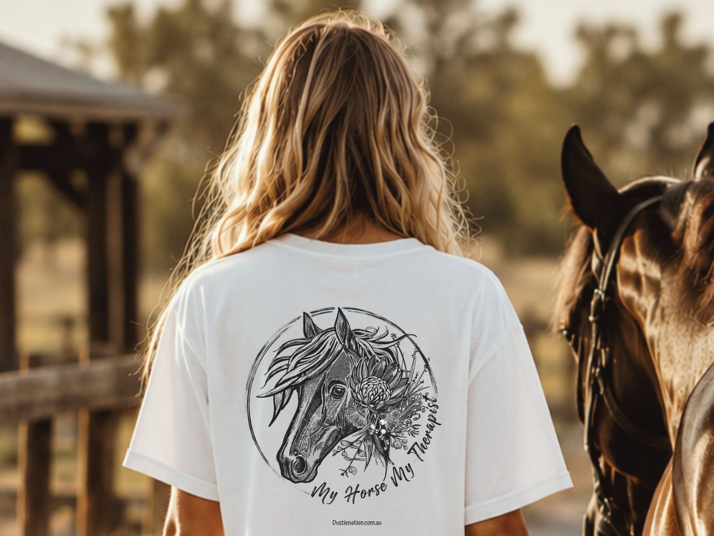 White t shirt with horse and Australian native flower with quote My Horse My Therapist