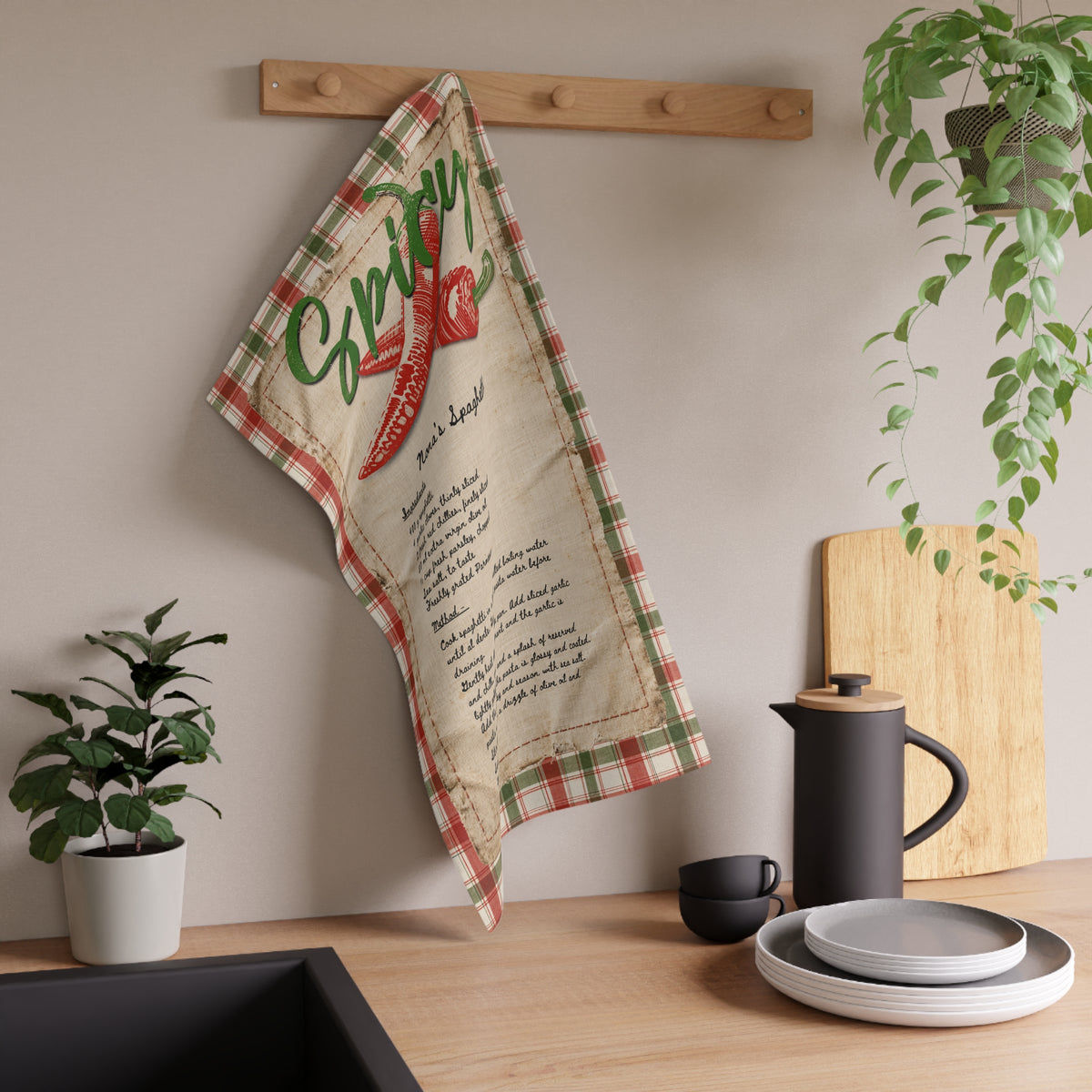 Spicy Chilli Kitchen Tea Towel — Printed Recipe Plaid Cotton