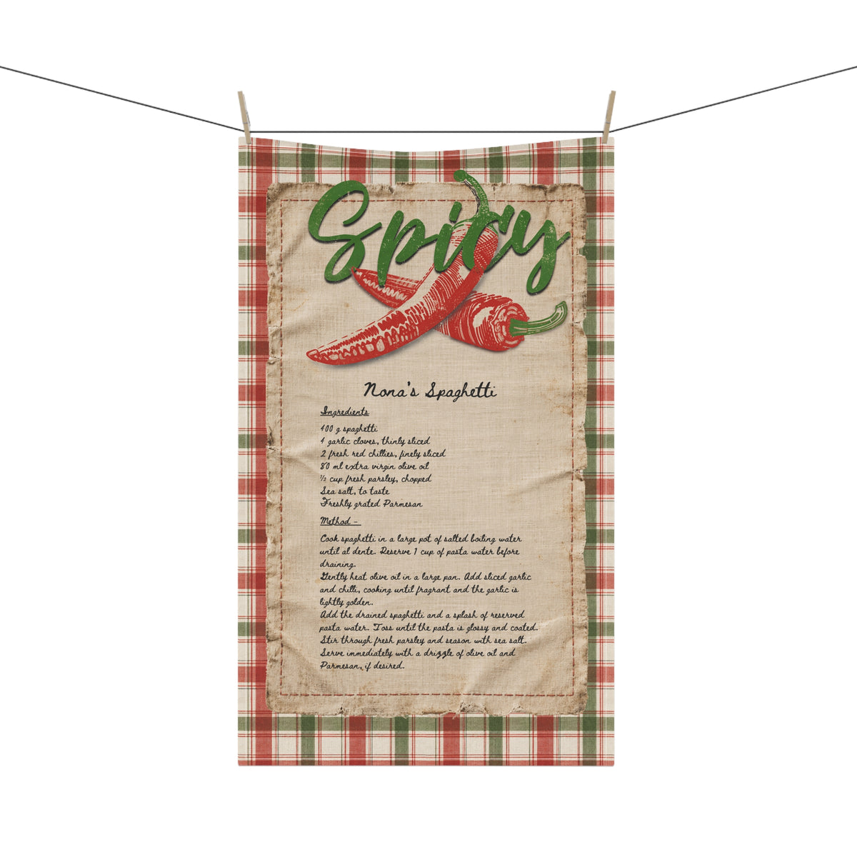 Spicy Chilli Kitchen Tea Towel — Printed Recipe Plaid Cotton