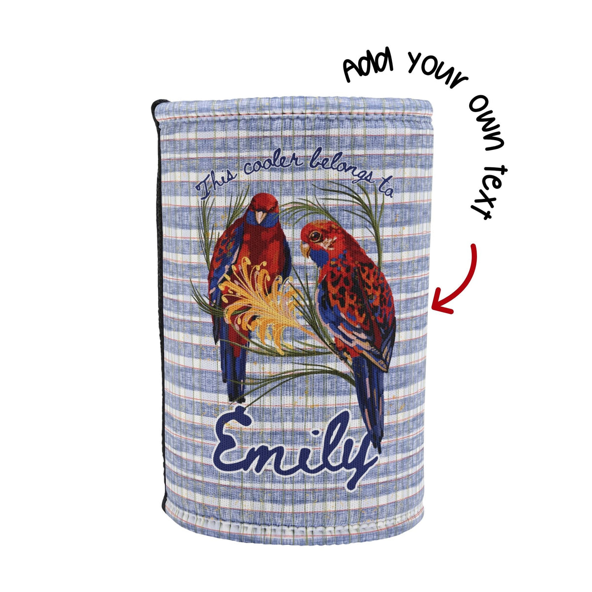 Personalized Stubby Cooler – Blue Striped Parrot Can Cooler with Name (Emily)