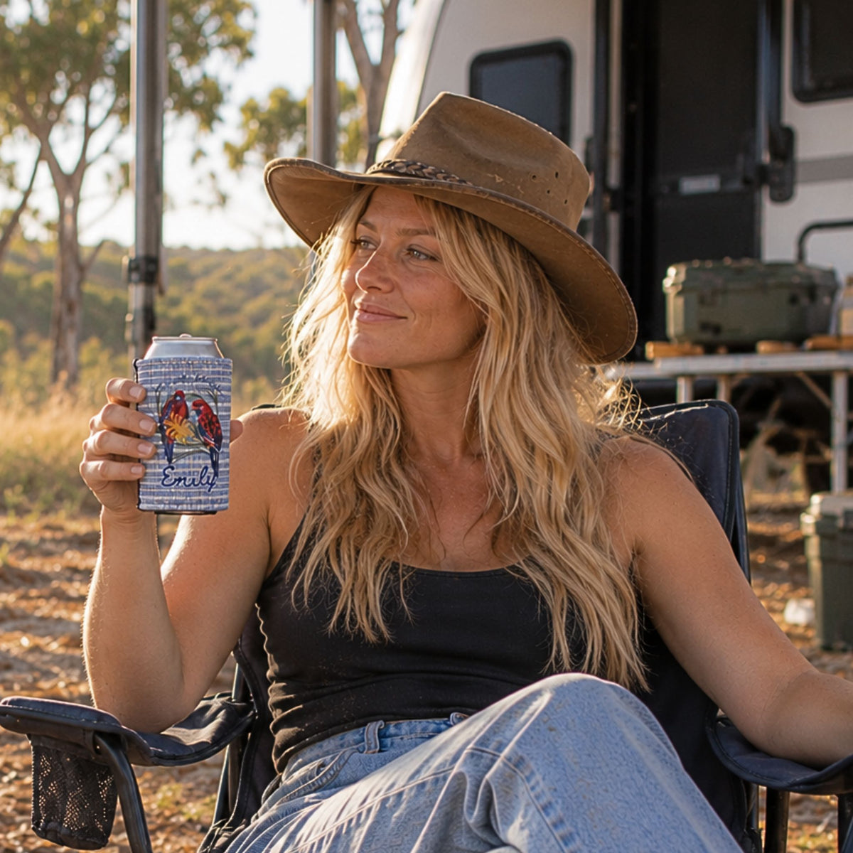 A woman in a brown wide-brim hat sits in a camping chair outdoors, holding a can with a colorful crimson rosella hand drawn design with customised name added ' Emily'