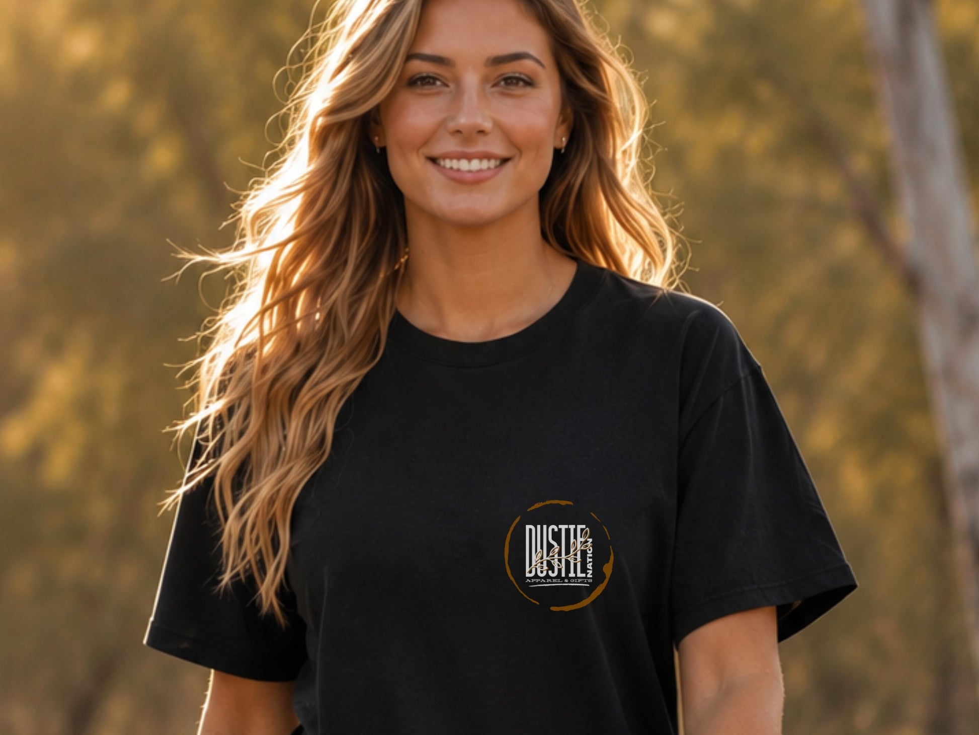 Woman wearing Black Comfort Colors brand t shirt with Dustie Nation logo 