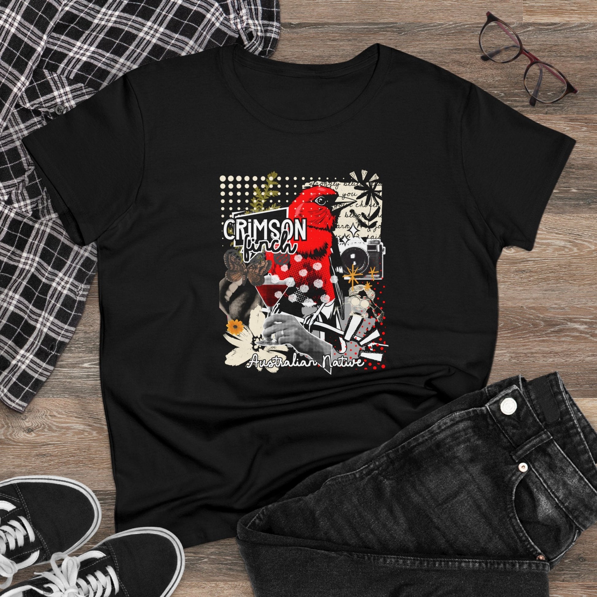 Crimson Finch Women's Tee - Stylish Midweight Cotton Shirt for Nature Lovers - Solei Designs