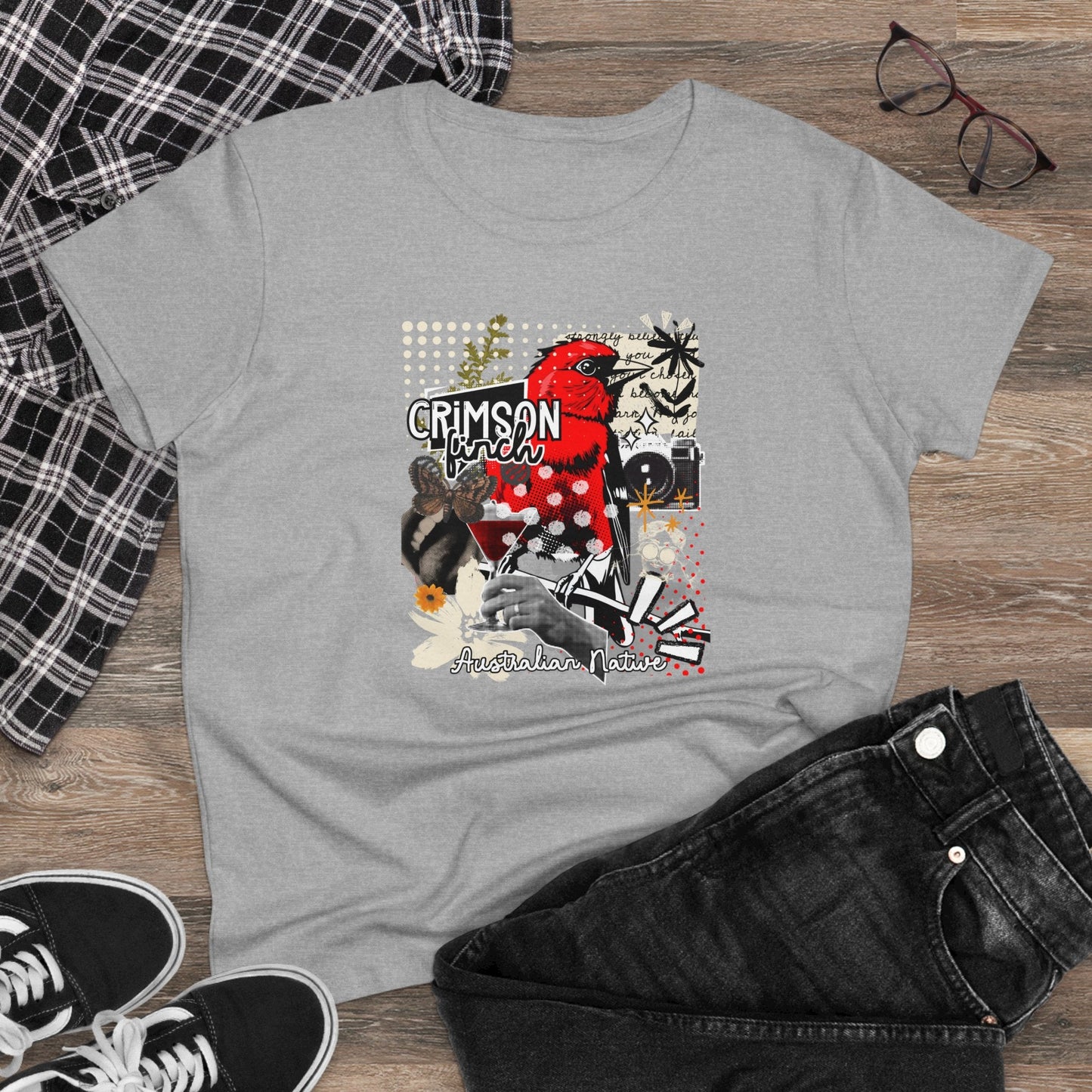 Crimson Finch Women's Tee - Stylish Midweight Cotton Shirt for Nature Lovers - Solei Designs