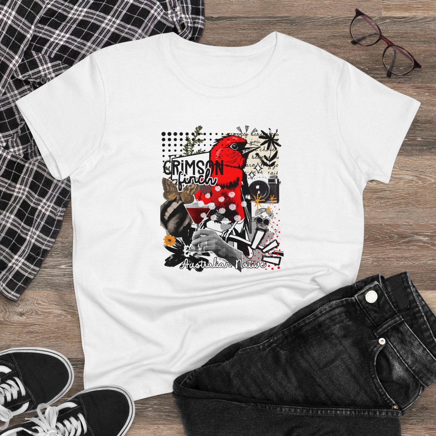 Crimson Finch Women's Tee - Stylish Midweight Cotton Shirt for Nature Lovers - Solei Designs