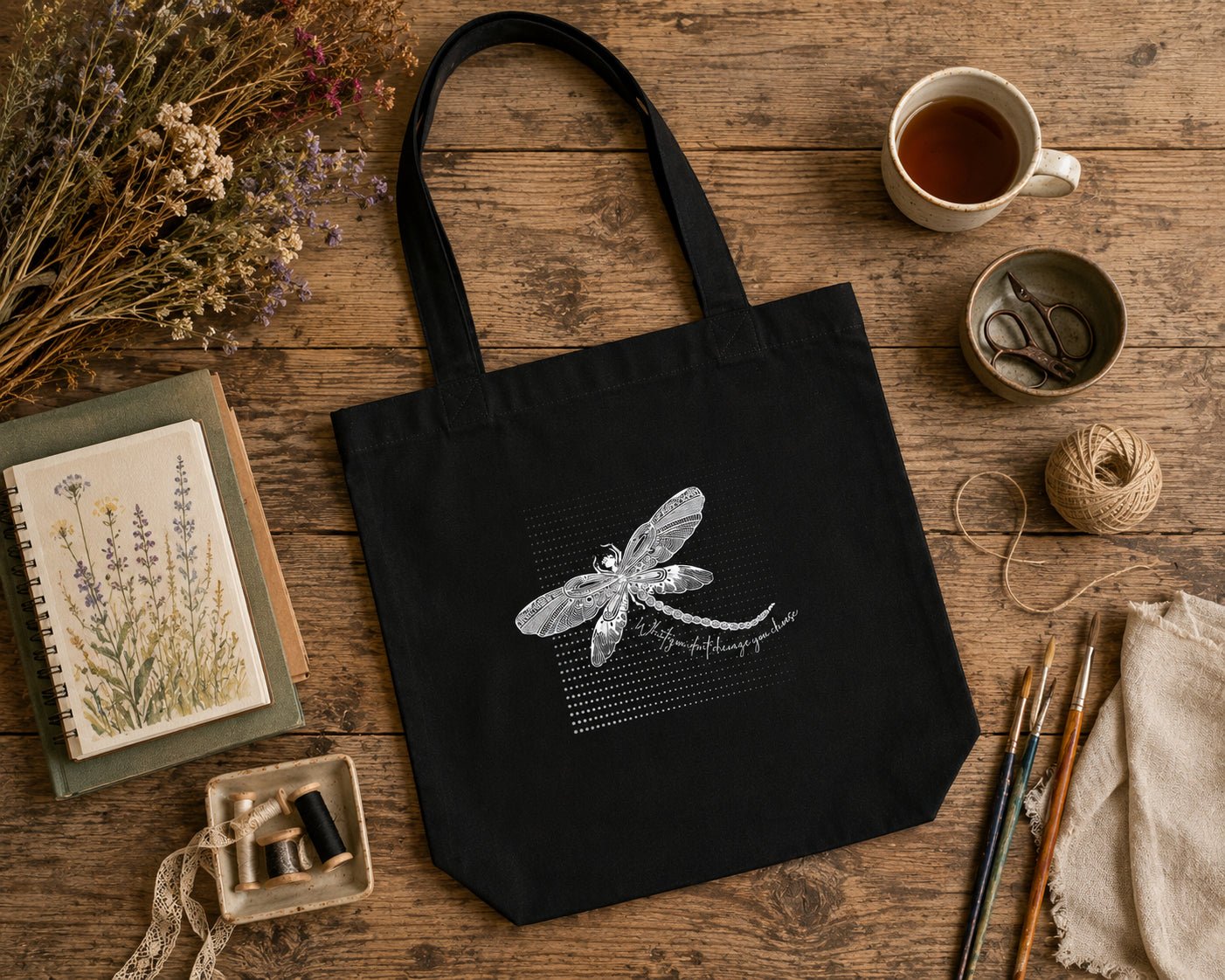 Unique Dragonfly Sketch - Positive Affirmation original artwork on handy Canvas Tote - Dustie Nation